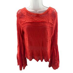 Free People Coral Crochet Knit‎ Lace Bell Sleeve Boho Shirt  Womens XSmall